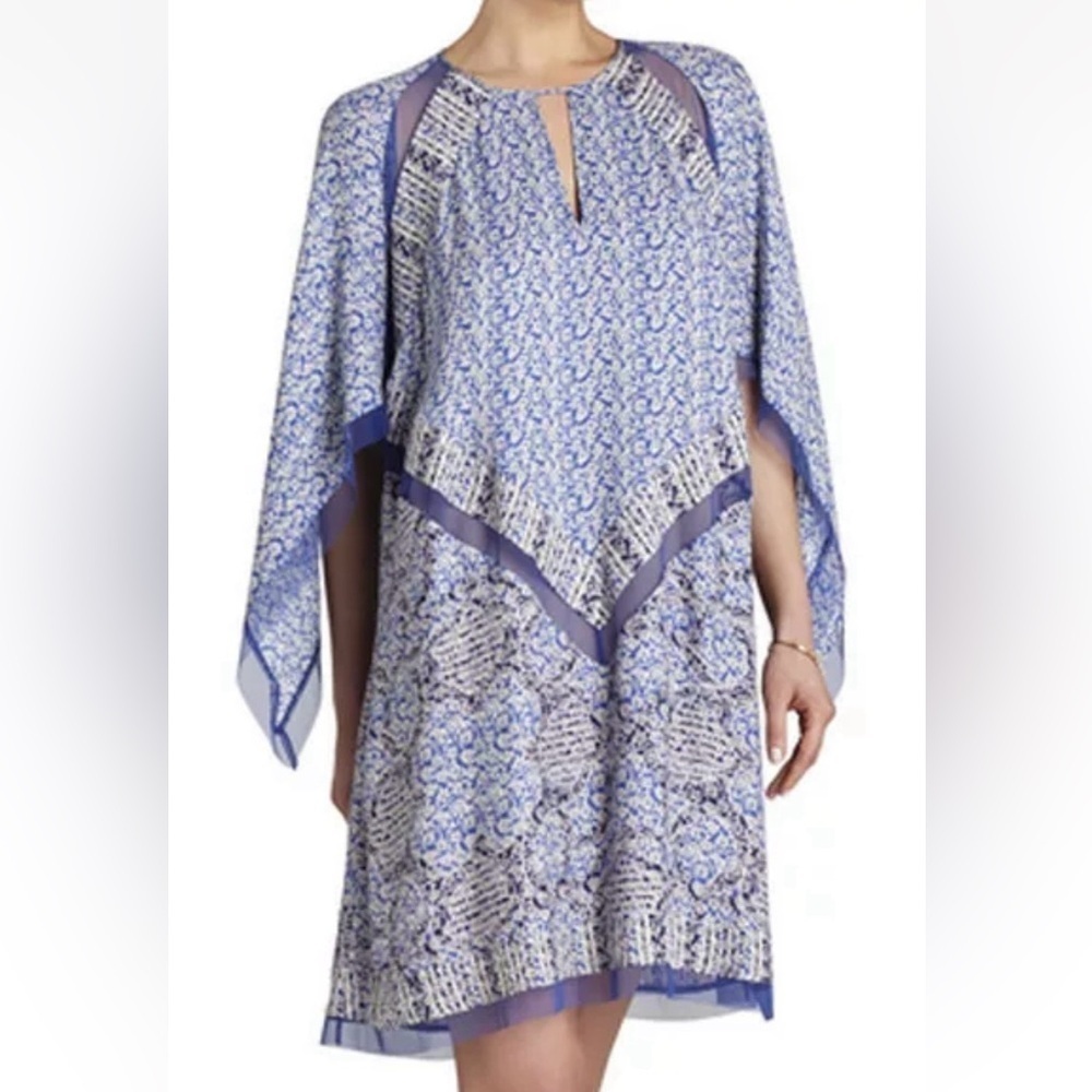 BCBGMAXAZRIA Bardot Blue Printed Asymmetrical Sleeve Scarf Dress Size XS